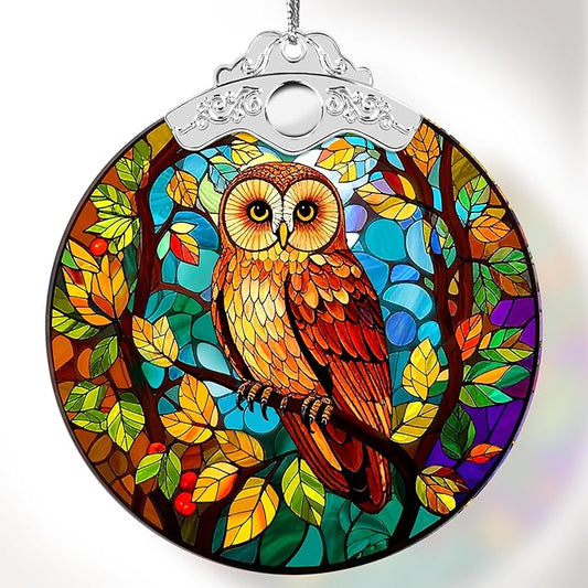 Faux Stained Glass Fall Suncatchers for Windows Hanging, Thanksgiving, Maple Leaf Suncatcher, 2D Acrylic Maple Leaves Fall Ornaments, Christmas Tree Decorations, Autumn Decor Party Supply (Autumn Owl)