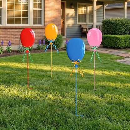 32" Decorative Garden Stakes Set of 4, 3D Metal Balloon Yard Art, Rustproof Metal Garden Decor & Yard Decorations Outdoor, Metal Flowers for Outside in 4 Colors (Blue, Pink, Red, Yellow)