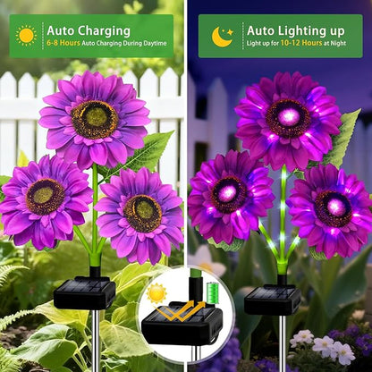 ANGMLN Solar Lights Outdoor Garden Decor, 5 Pack with 15 Purple Sunflower Lights, Solar Flowers Waterproof, Birthday Gifts for Mom Women, Outside Decorative Light for Landscape Yard Patio Lawn