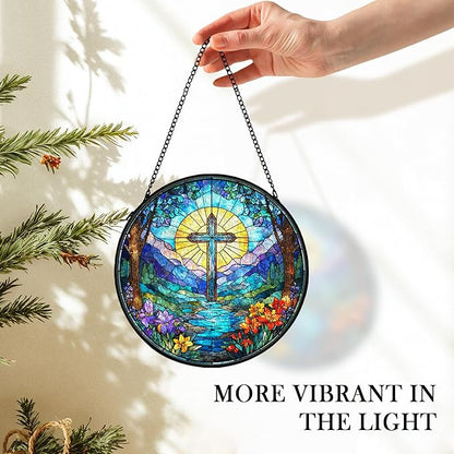 Christian Cross Suncatcher Stained Glass Window Hanging Decor, Christian Sunshine Stained Glass Wall Decor Gifts, Religious Baptism Nature Lawn Garden Sun Catchers Hanging Wall Art, 7.9x7.9 in