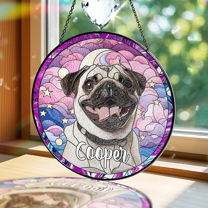 Pet Stained Glass Suncatcher Personalized Custom Name Pet Photo Ornament Window Hanging Home Decor Sympathy Gift for Loss of Pet Dog Cat Memorial Keepsake Remembrance Gift for Dog Lovers
