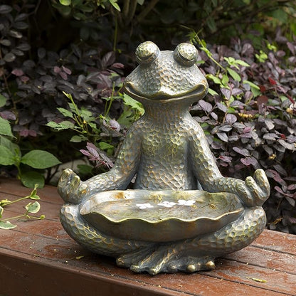 Glitzhome Meditating Yoga Frog Outdoor Statue Garden Sculpture Decor with Birdbath, 14.25" H, Bronze