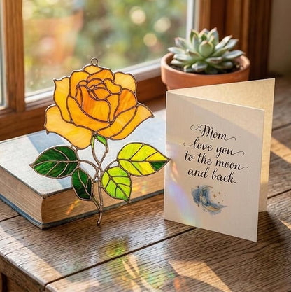 Yellow Rose Flower Handmade Resin Suncatchers, Artisan Sun Catcher, Stained Glass Effect, Flower Suncatchers for Window Hanging, Garden Decor, Gift for Mother's Day Mom Women Grandma Wife