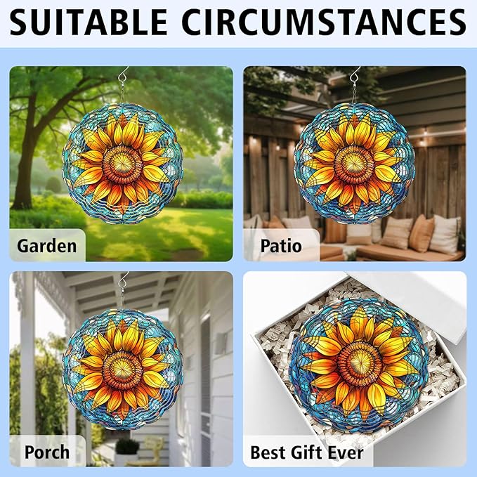 Sunflower Wind Spinner, Sunflower Stained Glass Wind Spinner, Wind Sculpture Sunflower Wind Spinners for Garden Patio Yard Decor