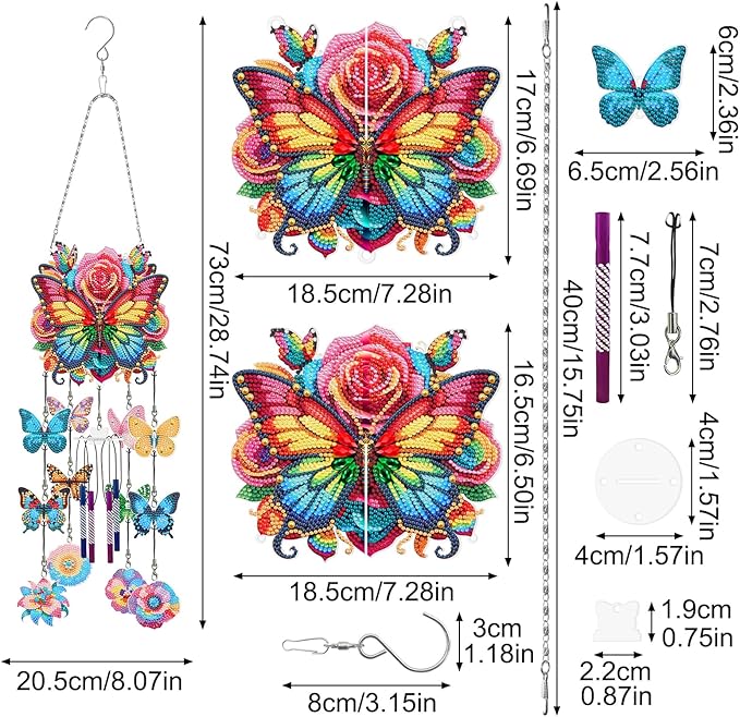 DIY Wind Chime Pendant Spring 3D Diamond Art Painting Hanging Ornament Double Sided Diamond Suncatchers for Window Home Backyard Garden Wall Door Decor (Butterfly05)