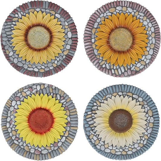 PINPON 4 Pack Sunflower Stepping Stones – 10 Inch Cement Garden Pavers with Colorful Pebble Border, Hand-Painted Outdoor Walkway Stones, Weather-Resistant Decorative Path Stones for Patio & Yard
