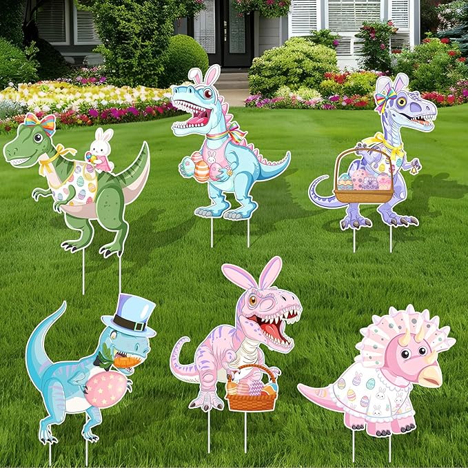 6PCS Easter Dinosaur Yard Signs with Stakes,Easter Dinosaur with Bunny and Egg Decoration for Holiday Celebration Decorations for Yard, Lawn and Patio