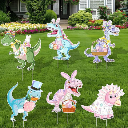 6PCS Easter Dinosaur Yard Signs with Stakes,Easter Dinosaur with Bunny and Egg Decoration for Holiday Celebration Decorations for Yard, Lawn and Patio
