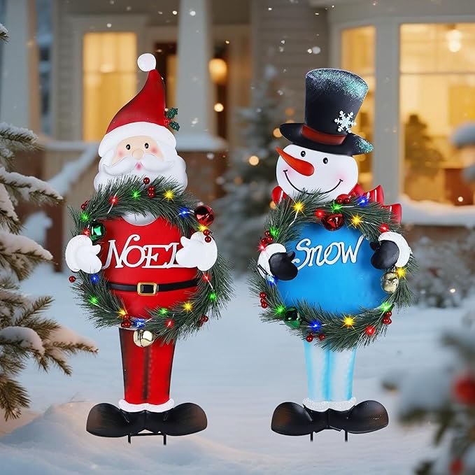 Lighted Christmas Decorations Outdoor, 2 Pack 30" Height Santa & Snowman Xmas Yard Signs Metal Garden Stakes with LED Lights, Battery Powered for Holiday New Year Winter Walkway Patio Lawn