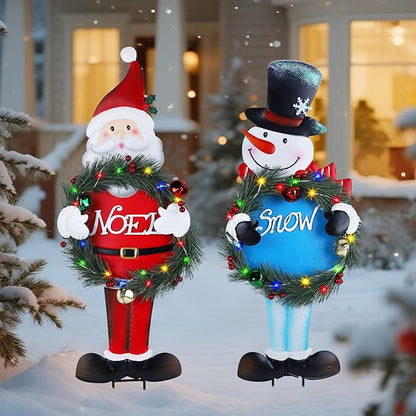 Lighted Christmas Decorations Outdoor, 2 Pack 30" Height Santa & Snowman Xmas Yard Signs Metal Garden Stakes with LED Lights, Battery Powered for Holiday New Year Winter Walkway Patio Lawn