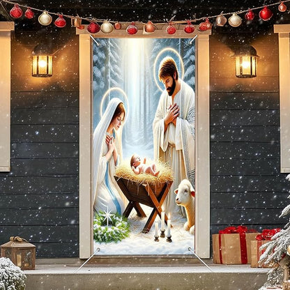 IVN Christmas Door Cover Decoration 71 x 35 in Holiday Banner Holy Night Nativity Scene in Snowy Forest Photo Backdrop Indoor Outdoor for Front Door Party Decorations
