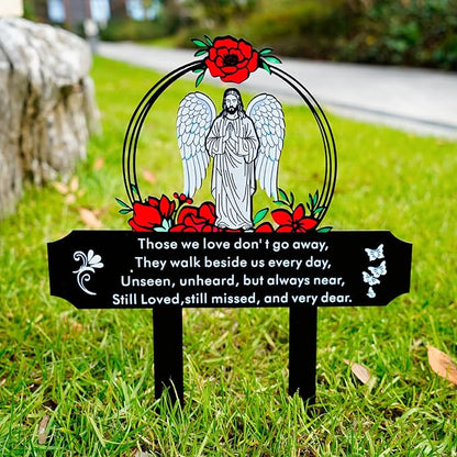 Memorial Grave Stake with Jesus and Roses - Metal Sympathy Grave Marker, Waterproof Outdoor Cemetery Garden Decoration(Jesus)