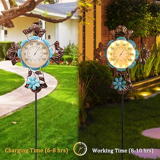 MUMTOP Outdoor Thermometers for Patio-Indoor Outdoor Wall Thermometer - Solar Led Light Cross and Flower Outside Decorative Temperature for Home or Garden Decor