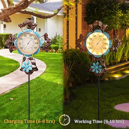 MUMTOP Outdoor Thermometers for Patio-Indoor Outdoor Wall Thermometer - Solar Led Light Cross and Flower Outside Decorative Temperature for Home or Garden Decor