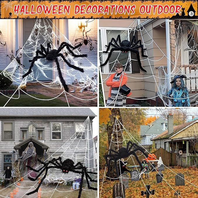 Spider Webs Halloween Decorations Outdoor - 200'' Triangular Spider Web + 49'' Giant Fake Spiders for Indoor Outdoor Halloween Decor Haunted House Décor Yard Home Garden Party
