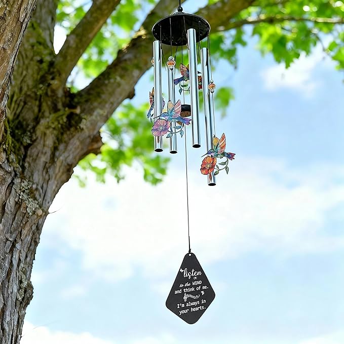 YU FENG Memorial Wind Chime with Crystals for Outdoor Garden Decor – Colorful Hummingbird with Memorial Tag, 34 Inch