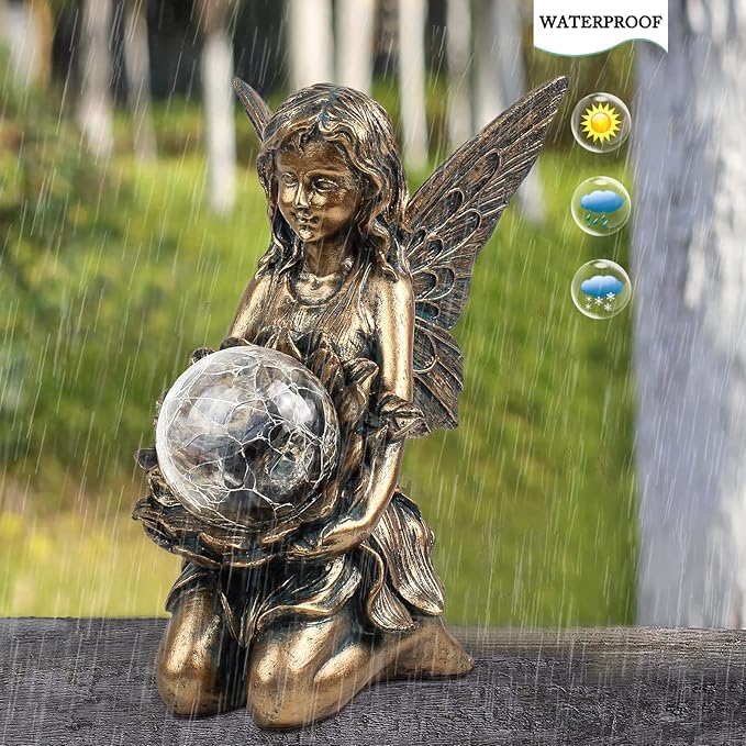Suyorpe Garden Statues Outdoor Flower Fairy Decor,Solar Powered Outdoor Resin Statues-Patio Lawn Yard Porch, Funny Fairies Ornaments Figurines for Outside Garden Gifts,8.31 Inches Tall