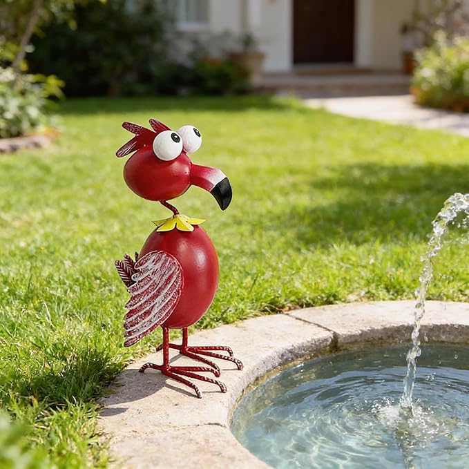 Flamingo Decor Statue Outdoor Garden Yard Metal Sculpture Home Patio Lawn Backyard Art Figurine Decorations Ornaments (B, Red)