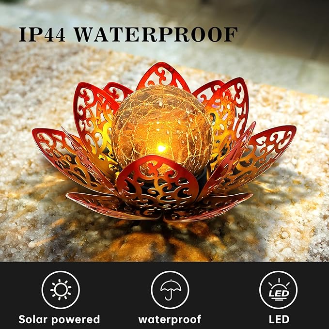 2 Pack Solar Lights Outdoor Garden 6.3 " Glass Lotus Lamp Waterproof LED Metal Flower Lights Outdoor Garden Table Decor for Outside Balcony, Patio, Deck, Porch, Walkway