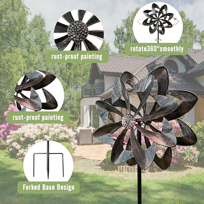 GUAGUA Classical Metal Wind Spinner Outdoor, 360 Degrees Swivel Wind Spinners for Yard and Garden, 74 in Wind Sculptures Willow Leaves Patio Decor (Bronze)