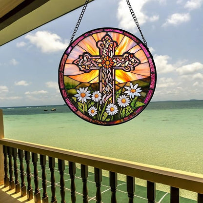 DASTOLL Christian Gifts for Women - Cross Stained Glass Window Hanging Jesus Easter White Daisy Flower Sun Catcher Garden Religion Decor Mother's Day Catholic Gift for Men Grandma Nana Her 7.8"