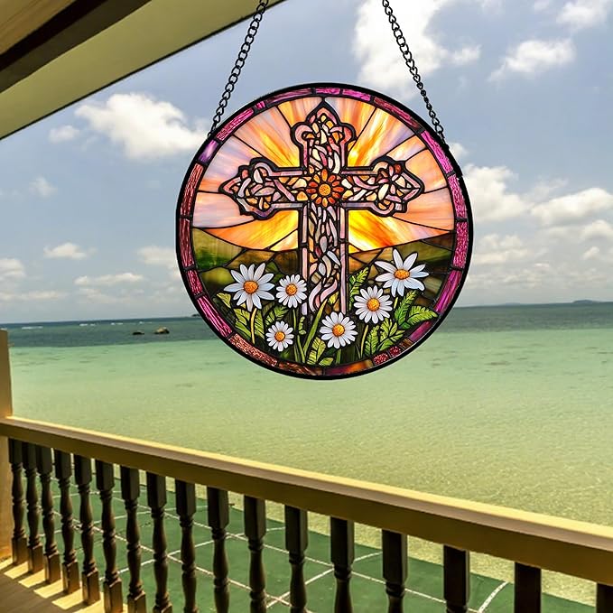 DASTOLL Christian Gifts for Women - Cross Stained Glass Window Hanging Jesus Easter White Daisy Flower Sun Catcher Garden Religion Decor Mother's Day Catholic Gift for Men Grandma Nana Her 9.8"