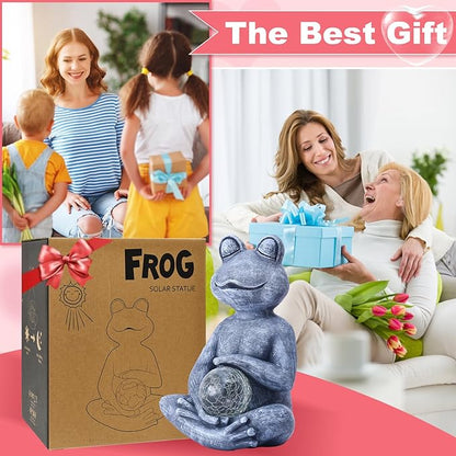 Meditating Yoga Frog Statue with Solar LED Light Ball - 6.8L x 9.65H Zen Garden Figurines for Home and Garden Decor, Frog Decorations Gift Ideas, Gifts for Women Mom