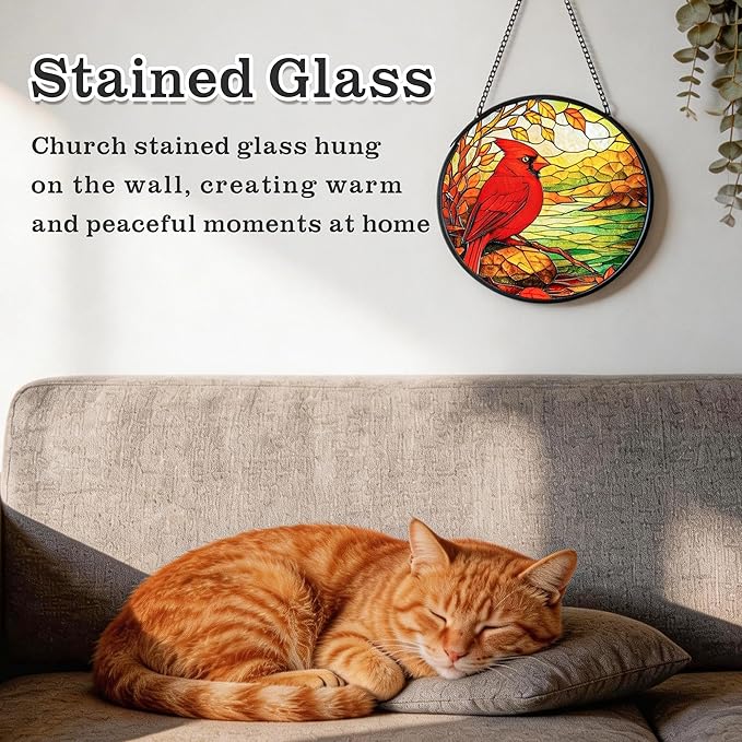 Cardinal Suncatcher for Windows Hanging - 6.3" Stained Glass Memorial Day Decorations - Round Red Bird Decor, Sympathy Gifts for Loss of Loved One, Remembrance Keepsake for Home & Garden