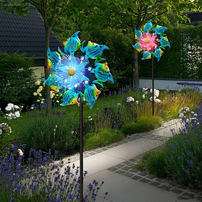 Solar Wind Spinners Outdoor, 51" Waterproof Metal Stake Tropical Fish Sculpture with 7 Color LED Lights 360° Rotating Kinetic Solar Windmill for Yard Garden Lawn Patio Decor