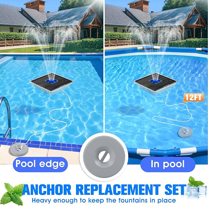 Upgraded Solar Pool Fountain with Lights,9.5'' Large Solar Floating Pool Fountain with Anchor, Above Ground Pool Water Fountains Pump,Swimming Pool Fountains for Inground Pool Blue-1PC
