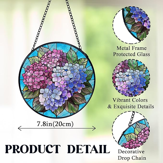 Hydrangea Flower Stained Glass Window Hanging, Cottagecore Hydrangea Floral Sun Catchers Indoor Window Round Glass Wall Art Decor, Flower Suncatcher Wall Hanging Gardening & Lawn Care