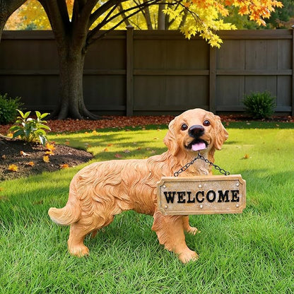Yellow Retriever Welcome Greeter with Solar Lantern and Double-Sided Sign, Standing Retriever Garden Sculpture for Yard Paths, Front Door & Terrace