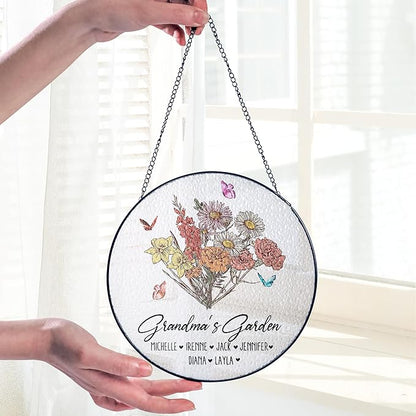 Personalized Grandma’s Garden Stained Glass Window Hanging Ornament, Custom Birth Month Flowers with Kids’ Names, Grandma Love Grows Here Floral Art