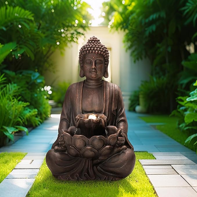 Glitzhome Buddha Statue 23" H, Outdoor Buddha Statue Zen Style Buddha Fountian with LED Light & Pump Polyresin Outdoor Floor Freestanding Fountain Garden Buddha Sculptures & Statues Lawn Décor