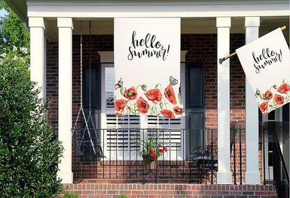 Mugod Hello Summer House Flag 28x40 Inch Vertical Double Sided, Red Poppies Flower Farmhouse Burlap Yard Flag for Outdoor Holiday Decor