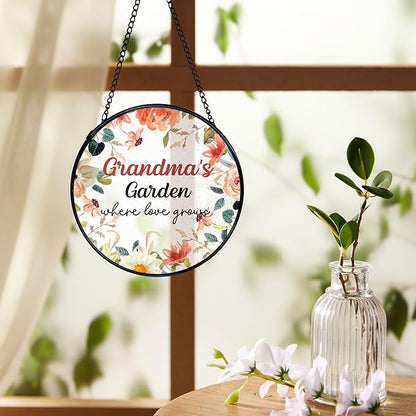 Grandma Garden Gifts Suncatchers Stained Glass Window Hanging, Grandmother Gifts for Mother's Day, Grandma's Garden Flower Sun Catchers Indoor Window, 7.9x7.9in