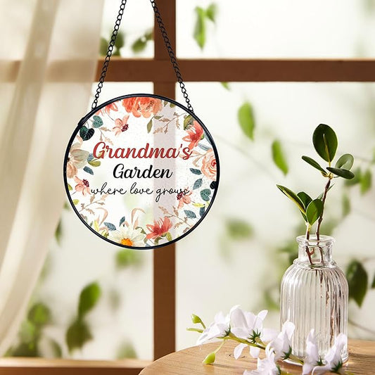 Grandma Garden Gifts Suncatchers Stained Glass Window Hanging, Grandmother Gifts for Mother's Day, Grandma's Garden Flower Sun Catchers Indoor Window, 7.9x7.9in