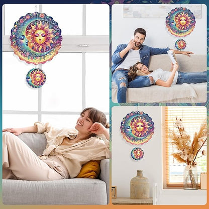 Garden Decor Wind Spinners Outdoor - 12 inch 3D Stainless Steel Hanging Wind Spinners Sun and Moon Mothers Day Decor Gifts for Women Men Outside Yard Art Windmill Lawn Ornaments Outdoor Patio Lawn
