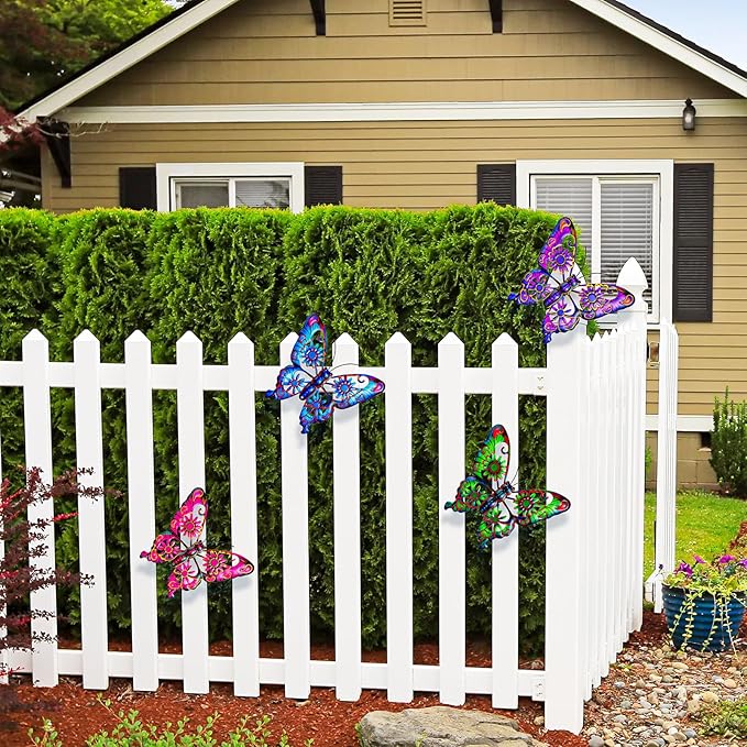Pipilily 4 Pieces Metal Butterfly Wall Art Decor, Outdoor Indoor Fence Metal Wall Sculptures, Hanging Decoration for Garden Yard Living Room Bedroom Patio Balcony (Color Set 2)