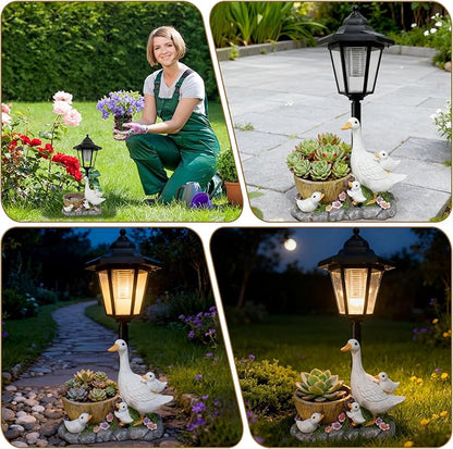 Garden Duck Statues with Solar Lantern Flowerpot Outdoor Decoration, Duck Figurines of resin Art Sculptures for Patio Lawn Backyard Porch Ornaments Unique Housewarming Birthday Gifts for Women Mom