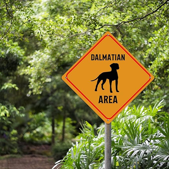 Warning Dalmatian Area Aluminum Metal Sign Dalmatian Dog Caution Crossing Xing Street Sign Yellow Diamond Shape Funny Metal Sign For Indoor Outdoor 10x10in