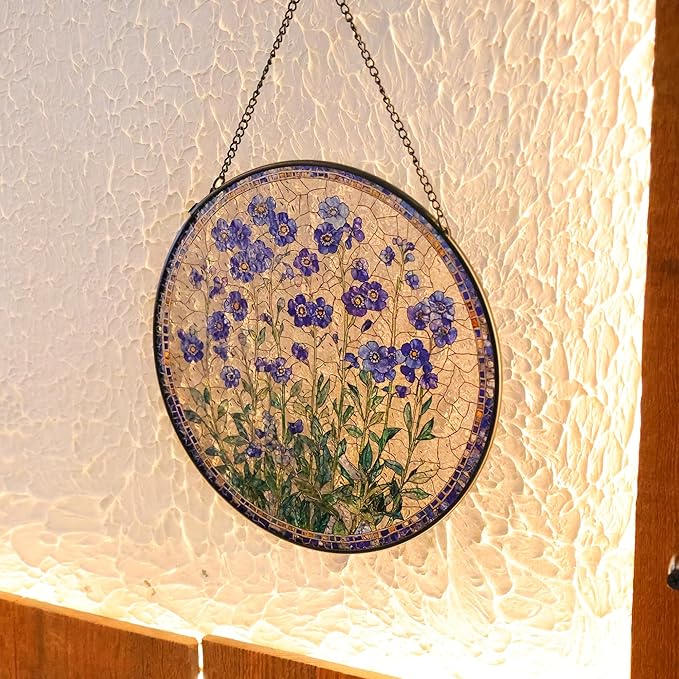 Forget-Me-Not Flower Stained Glass Suncatcher, 8 Inch Handmade Blue Floral Window Hanging Decor for Garden, Sun Catcher Home Decor