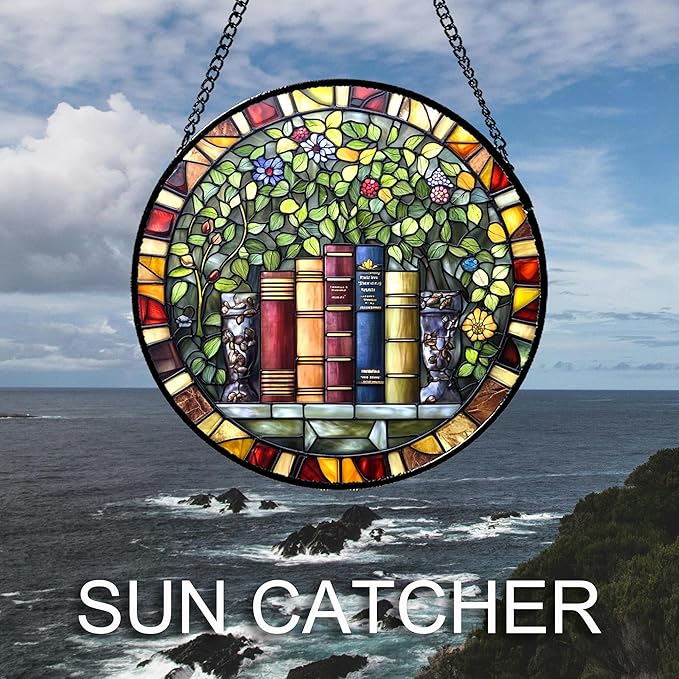 Stained Glass Window Hanging Green Plants Flowers Books Large 15" - Suncatcher Door Garden Sunroom Sun Catcher Decor Birthday Christmas for Mom Men Woman Nana