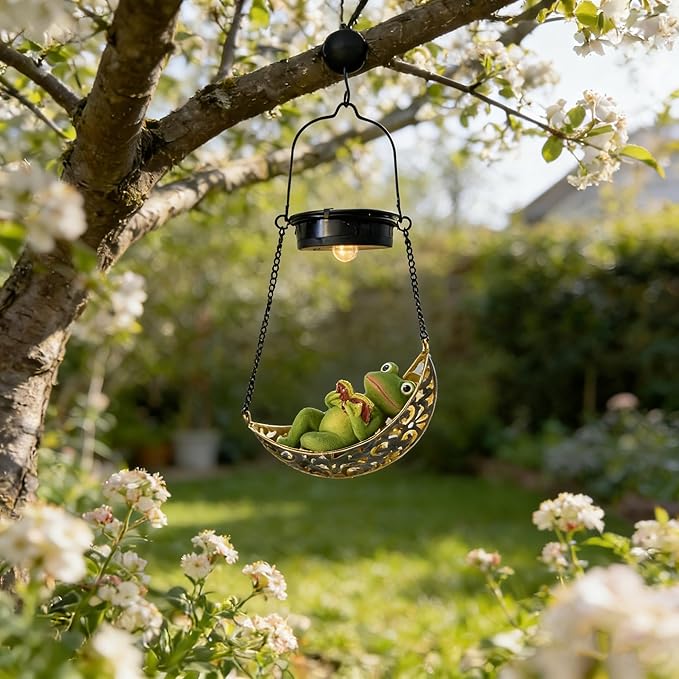 Solar Hanging Garden Lantern with Frog Decoration,Solar Hanging Statue Light,Outdoor Hanging Decorations for Garden, Fence, Porch, Patio, Yard Decor
