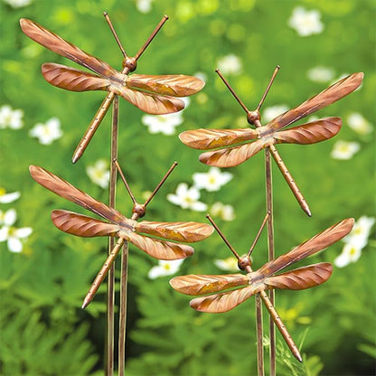 Set of 4 Ancient Graffiti Staked Dragonfly Garden Ornaments, Handcrafted Metal Yard Art with Step-in Stakes, Outdoor Garden Sculptures in Varied Brown Tones, Durable Decorative Lawn Accents