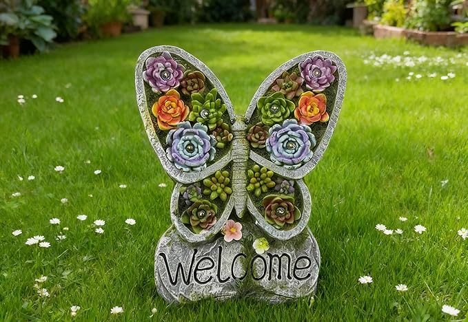 Garden Gnome Statue with Solar Lights Outdoor Statues,Patio Decor for Lawn Yard, Garden Decor Unique Birthday Housewarming Gifts for Mom Grandma Women (Butterfly Succulent Statue)