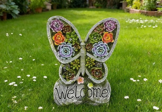 Garden Gnome Statue with Solar Lights Outdoor Statues,Patio Decor for Lawn Yard, Garden Decor Unique Birthday Housewarming Gifts for Mom Grandma Women (Butterfly Succulent Statue)