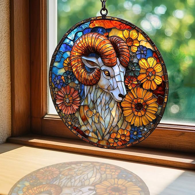 Vivid Ram Mosaic Floral Art Acrylic Suncatcher Stained Glass Effect Window Car Hanging Christmas Ornament Indoor Outdoor Decor Garden Sun Catcher Panel for Zodiac Lover for Women Mom Grandma