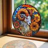 Vivid Ram Mosaic Floral Art Acrylic Suncatcher Stained Glass Effect Window Car Hanging Christmas Ornament Indoor Outdoor Decor Garden Sun Catcher Panel for Zodiac Lover for Women Mom Grandma