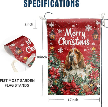 Christmas Basset Hound Garden Flag Merry Christmas Dog Yard Flag for Outside Xmas Flags 12x18 Double Sided Red Poinsettia Garden Flags Winter Porch Decorations Outdoor